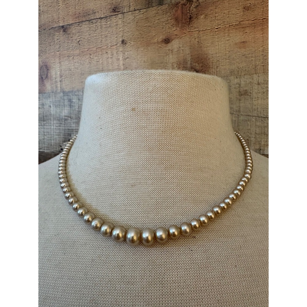 Vintage Champagne Graduated Faux Pearl Necklace Filigree Clasp 17 Inch